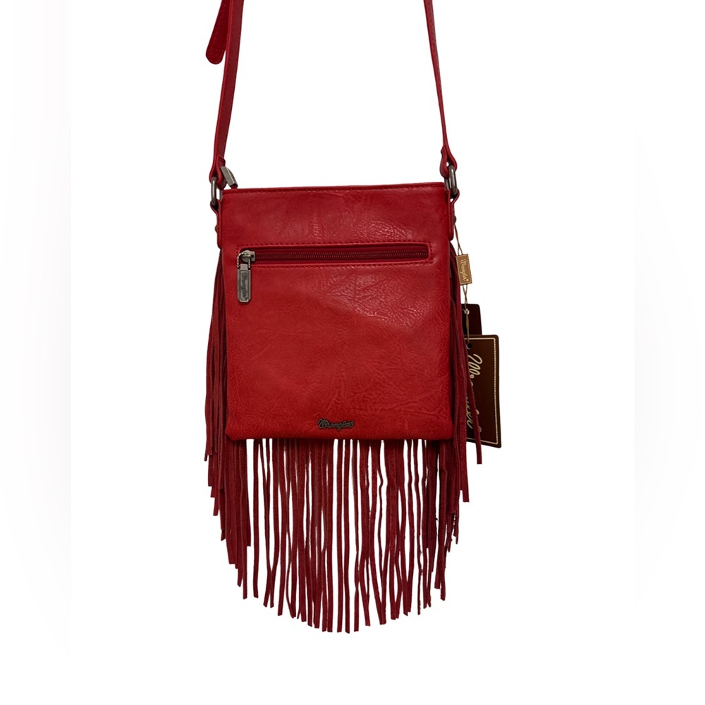 Wrangler Leather Fringe Denim Red Crossbody Bag - Picture 2 of 15
